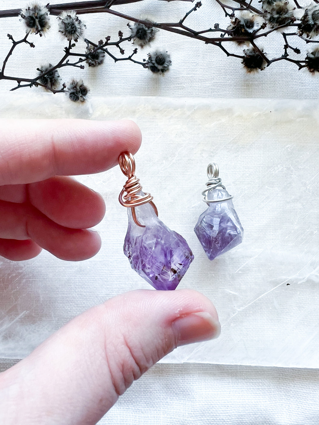 Silver and Rose Gold wrapped Amethyst point pendants