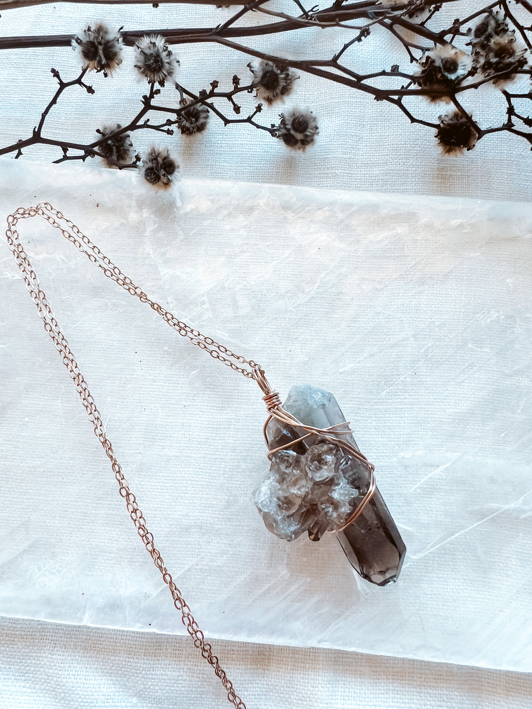 Smoky Quartz point on 20 Inch Rose Gold chain